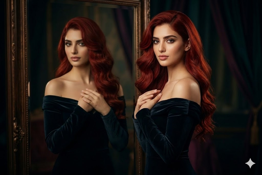 Kırmızı elbiseli kadın stüdyoda