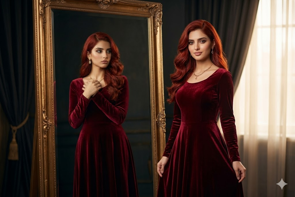 Kırmızı elbiseli kadın modern odada