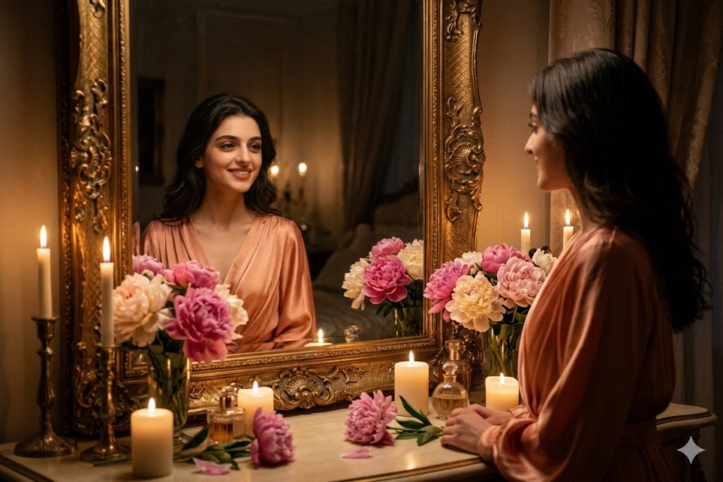 Antik aynada ipek elbiseli kadın yansıması