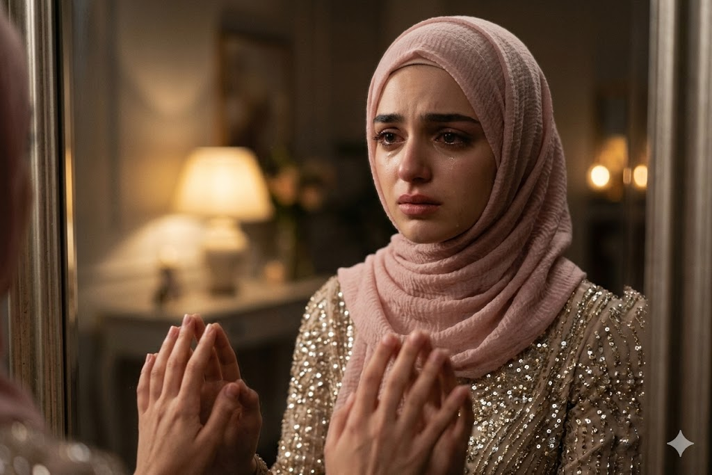 Tesettürlü kadın aynaya bakıyor