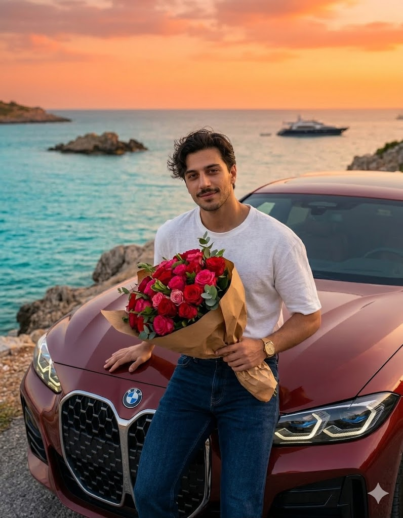 BMW 7 Serisi önünde gül buketi tutan erkek