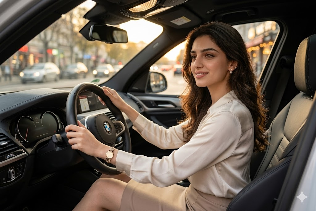 BMW X3 sürücüsünde oturan genç kadın