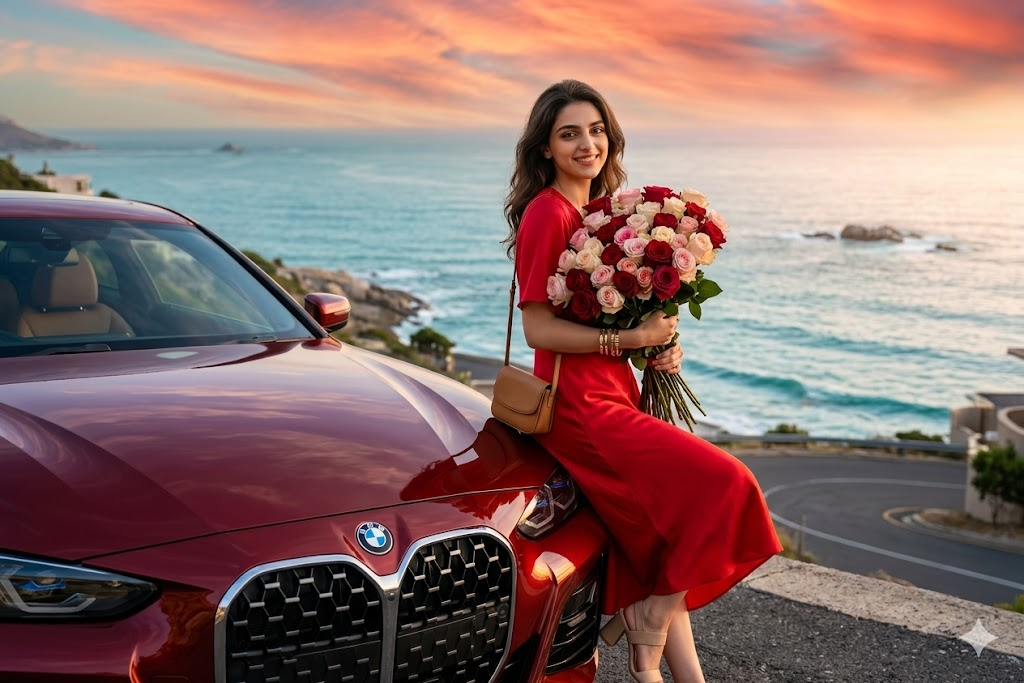 BMW 4 Serisi Coupe önünde gül buketi tutan kadın