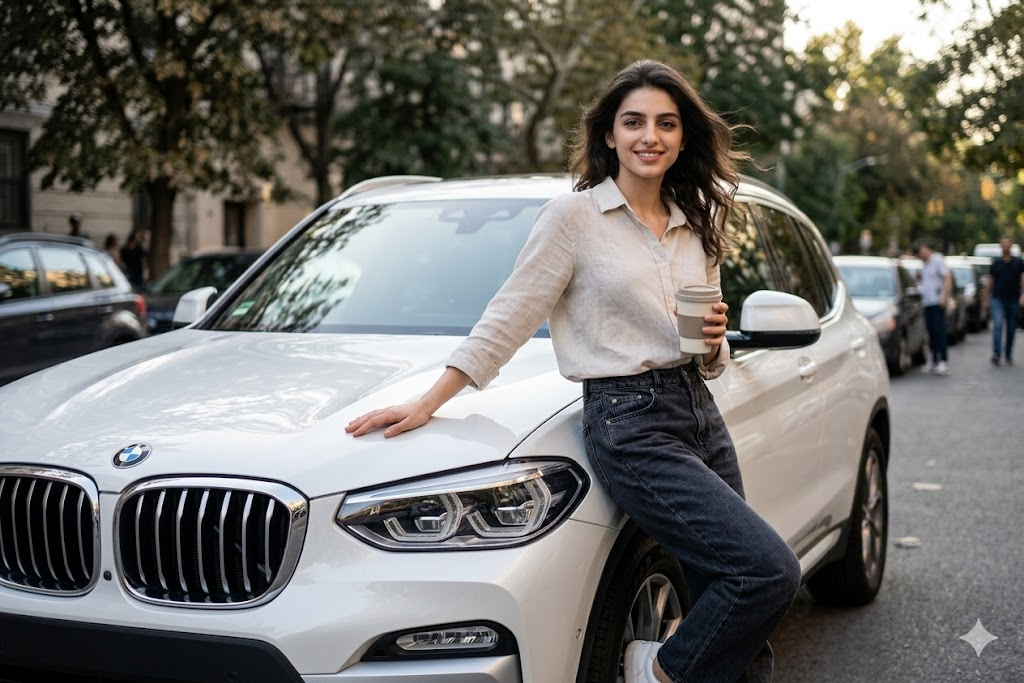 BMW X3 önünde kahve bardağı tutan kadın