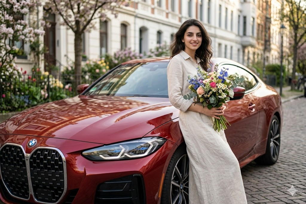 BMW 4 Serisi Coupe önünde çiçek buketi tutan kadın bahçeli arka plan