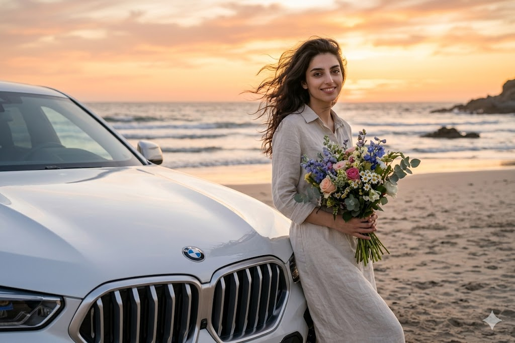BMW X6 önünde çiçek buketi tutan genç kadın