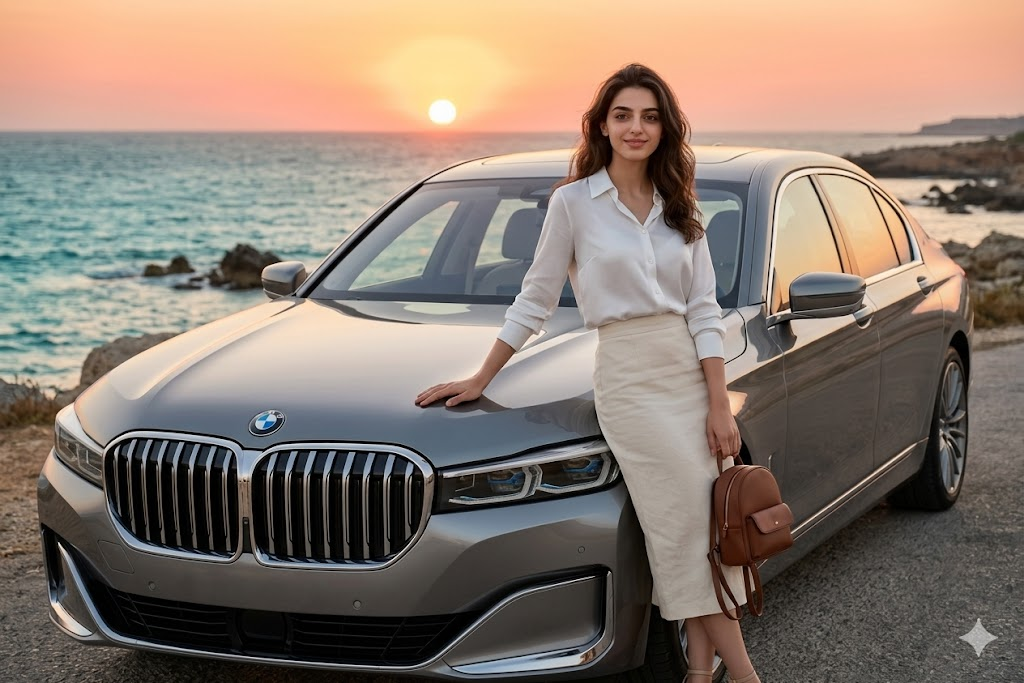 BMW 7 Serisi önünde sırt çantası tutan kadın