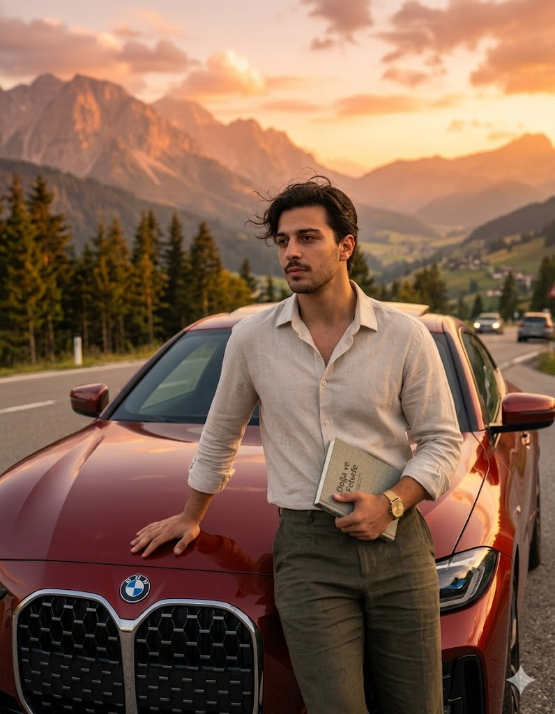 BMW 4 Serisi Coupe önünde kitap tutan erkek