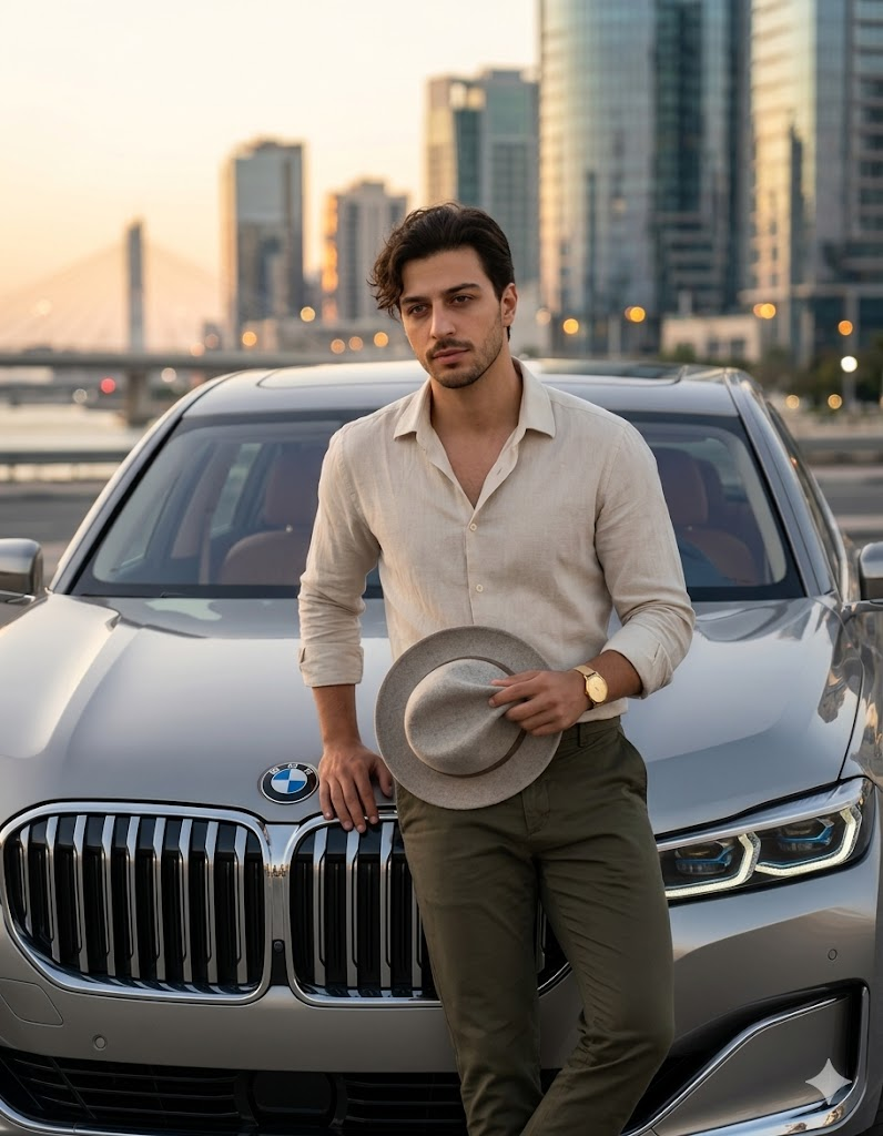 BMW 7 Serisi önünde şapka tutan erkek