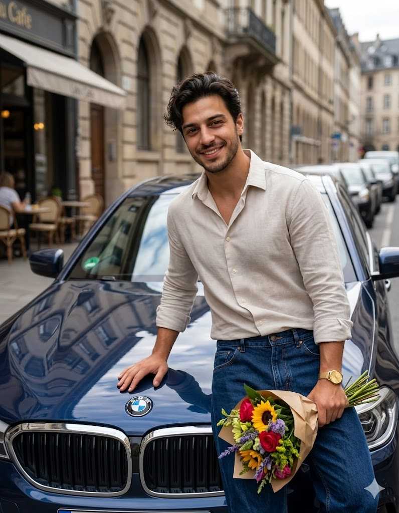 BMW önünde çiçek buketi tutan erkek