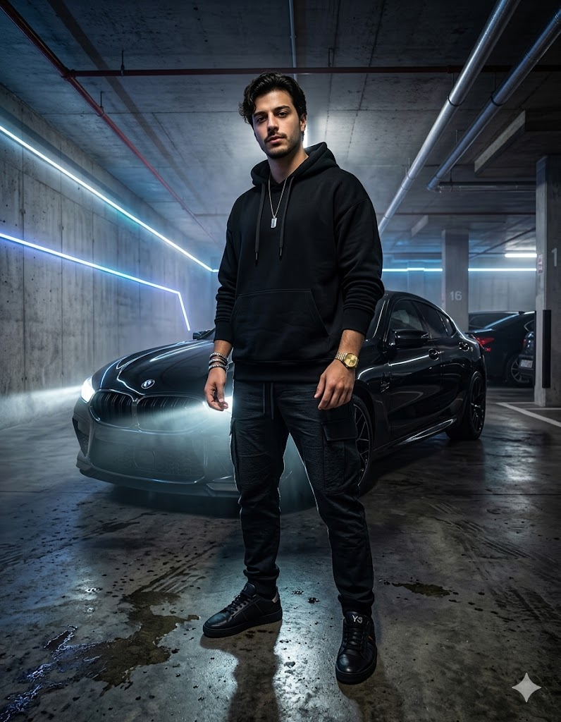 Yer altı otoparkında siyah BMW ve erkek