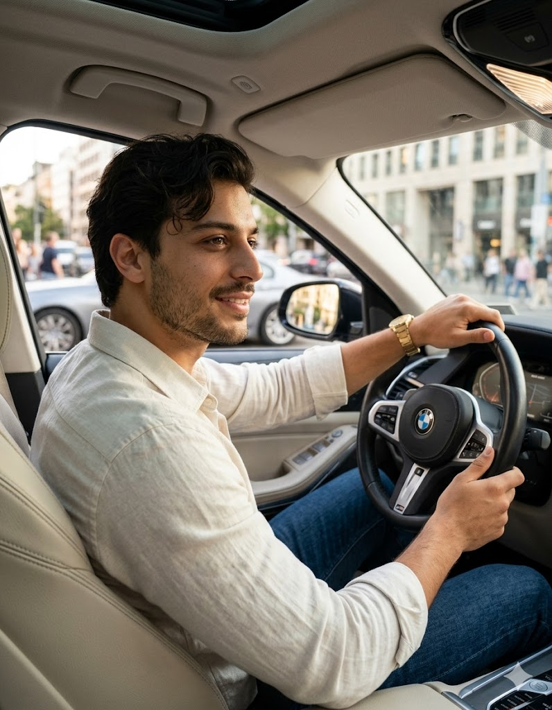 BMW sürücü koltuğunda erkek şehirde sürüyor