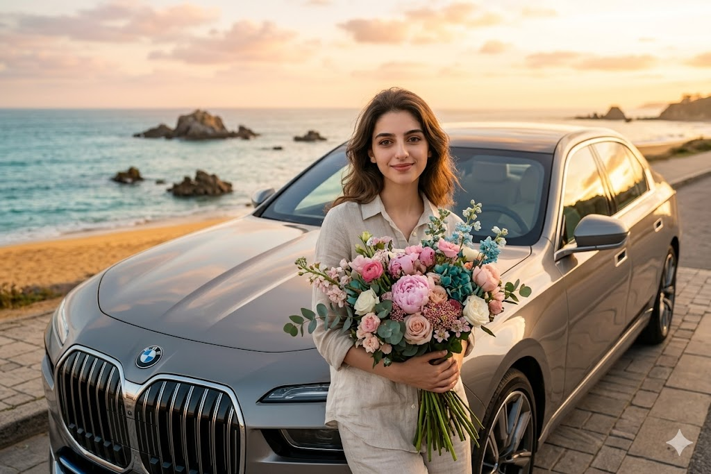 BMW 7 Serisi önünde çiçek buketi tutan kadın
