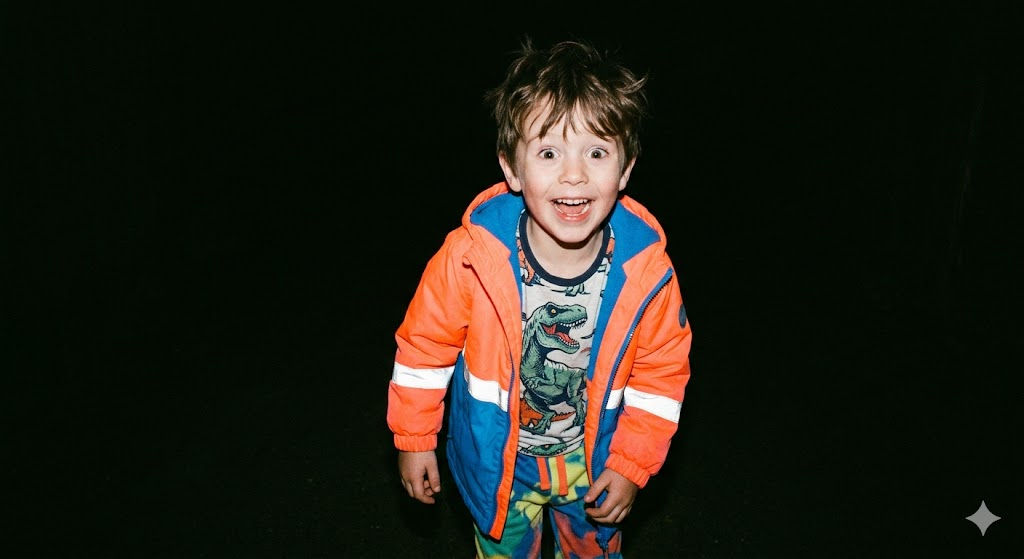 Flaş patlamalı şaşkın çocuk portresi