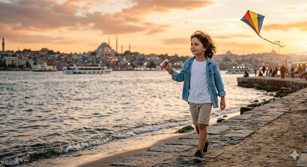 İstanbul sahilinde uçurtmalı çocuk