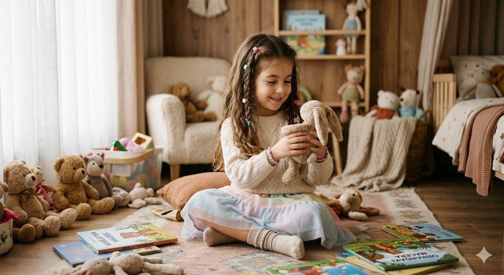 Odada oyuncaklarla oturan çocuk