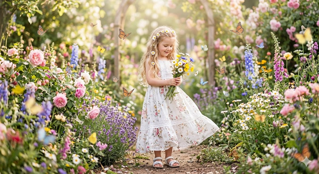 Çiçek bahçesinde masalsı çocuk