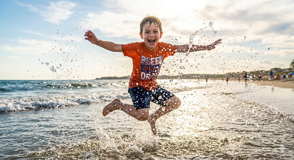 Sıçrayan su damlalarıyla çocuk