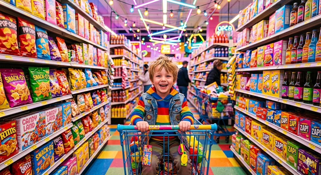 Süpermarkette renkli eğlenceli çocuk