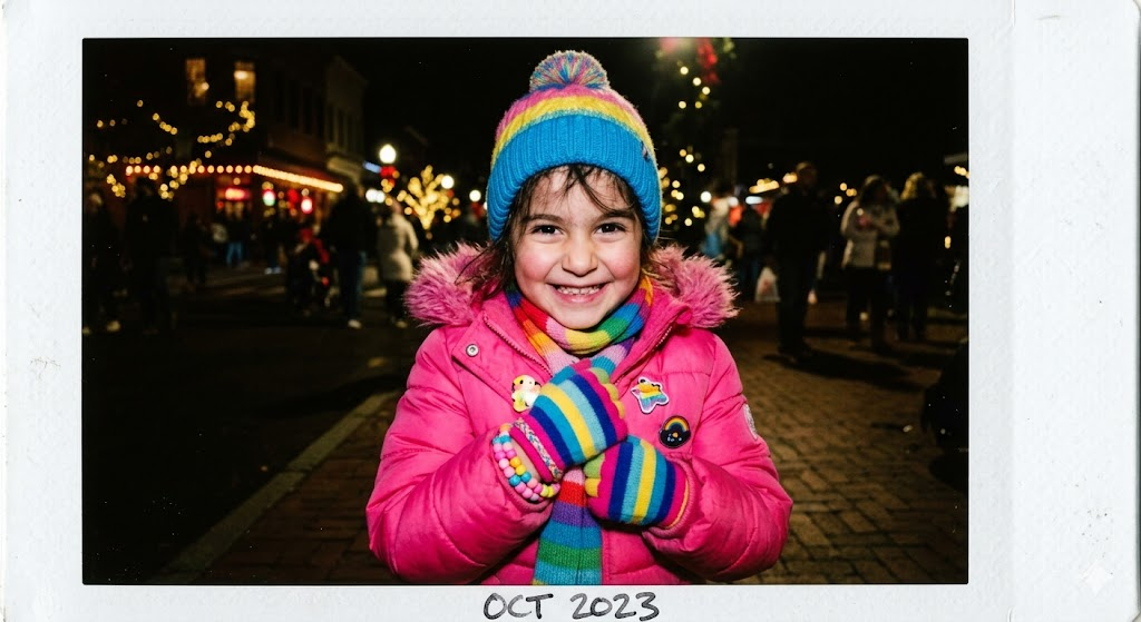 Polaroid flaşlı kız çocuğu gece portresi