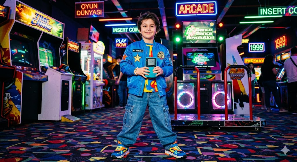 Arcade salonunda neon ışıklı çocuk