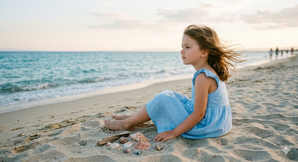 Deniz kenarında oturan kız çocuğu