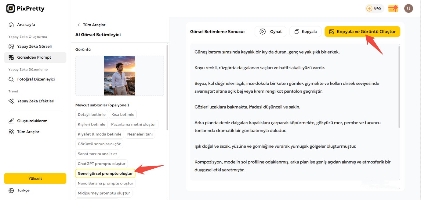 pixpretty fotoğraftan promptları oluşturma