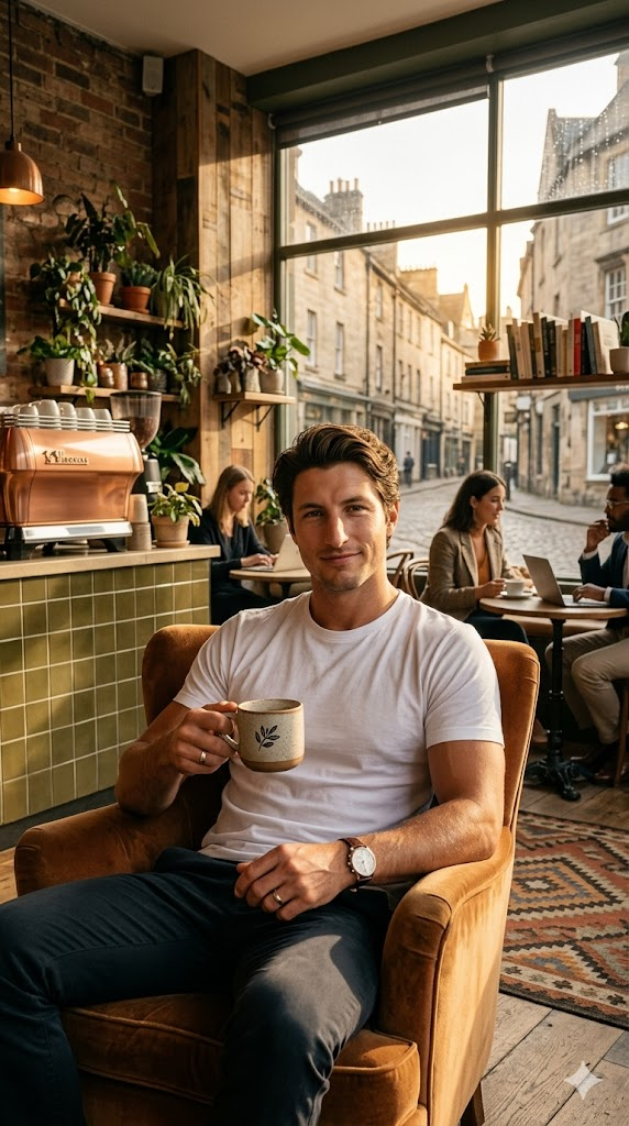 AI genç adam kafede kahve içiyor