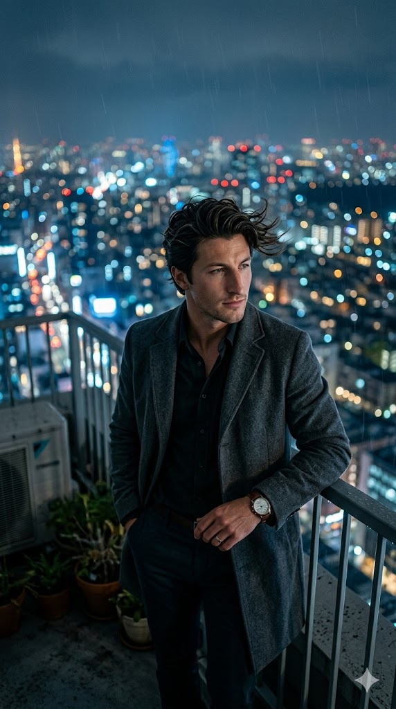 AI gece şehir çatıda erkek portre