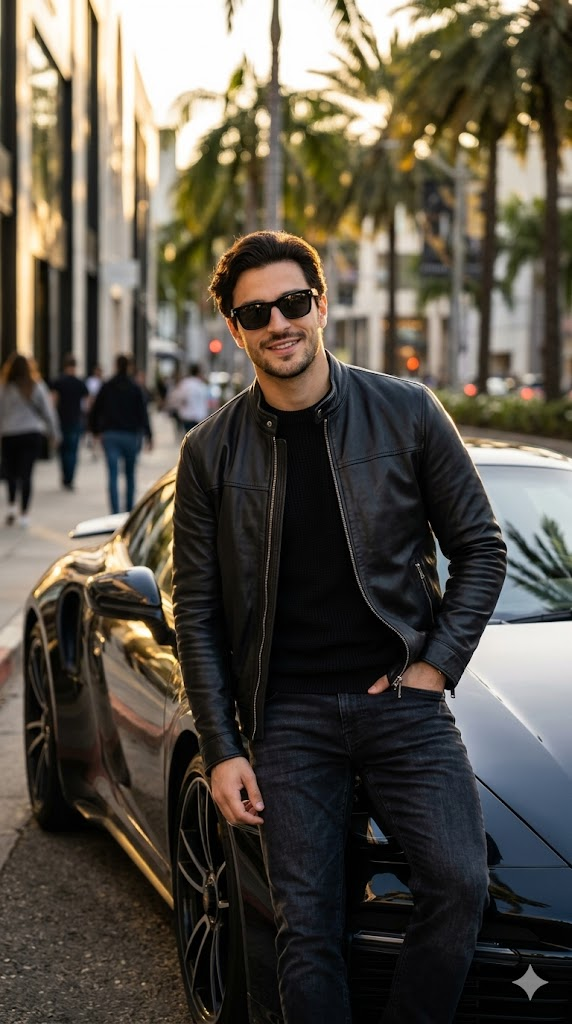 AI erkek model spor araba yanında