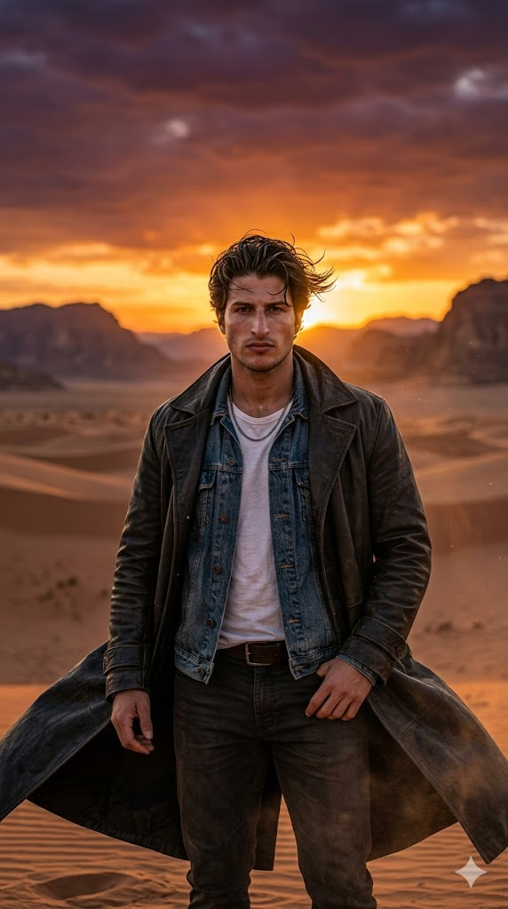 AI sinematik erkek portre çölde