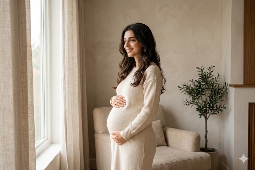 Ev ortamında pencere ışığında hamile portresi