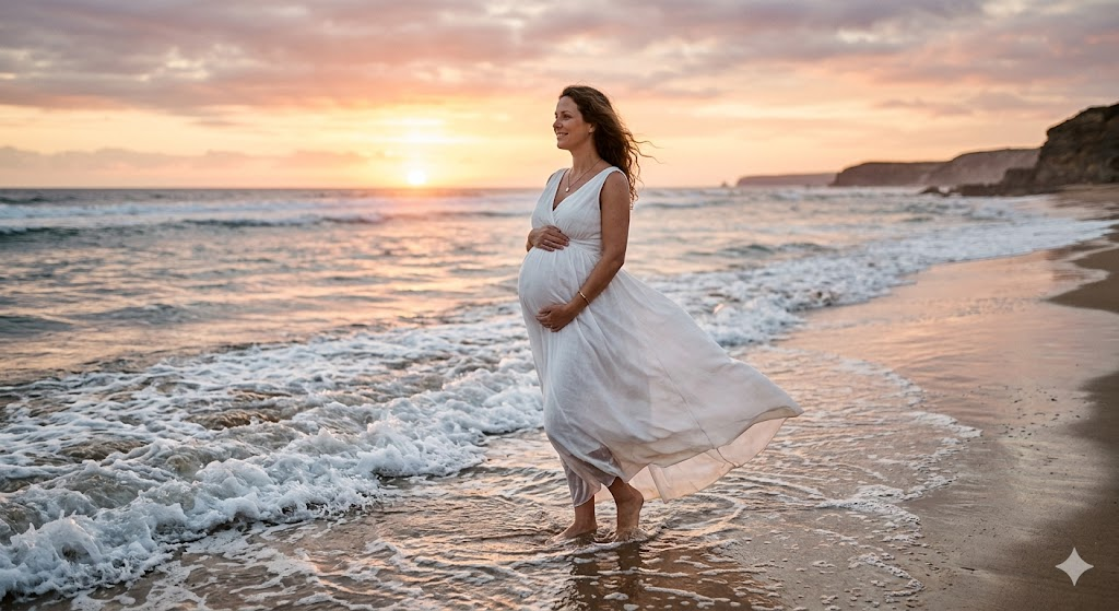 Deniz kenarında gün doğumu hamile sahnesi