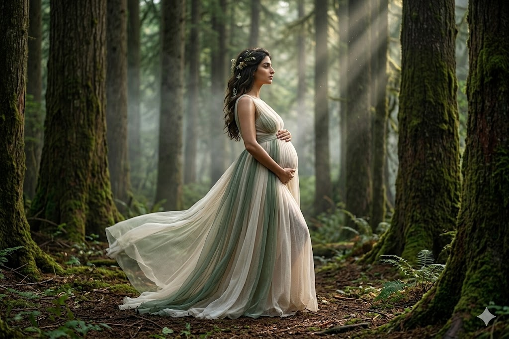 Ormanda sisli ve doğal hamile portresi