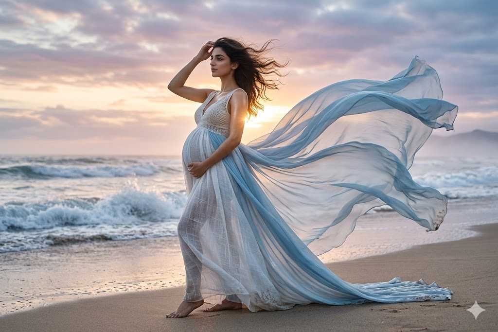 Sahilde rüzgarlı elbiseli hamile kadın