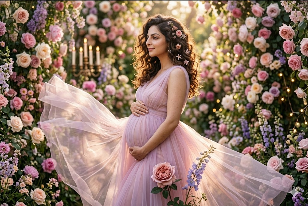 Çiçeklerle çevrili romantik hamile sahnesi