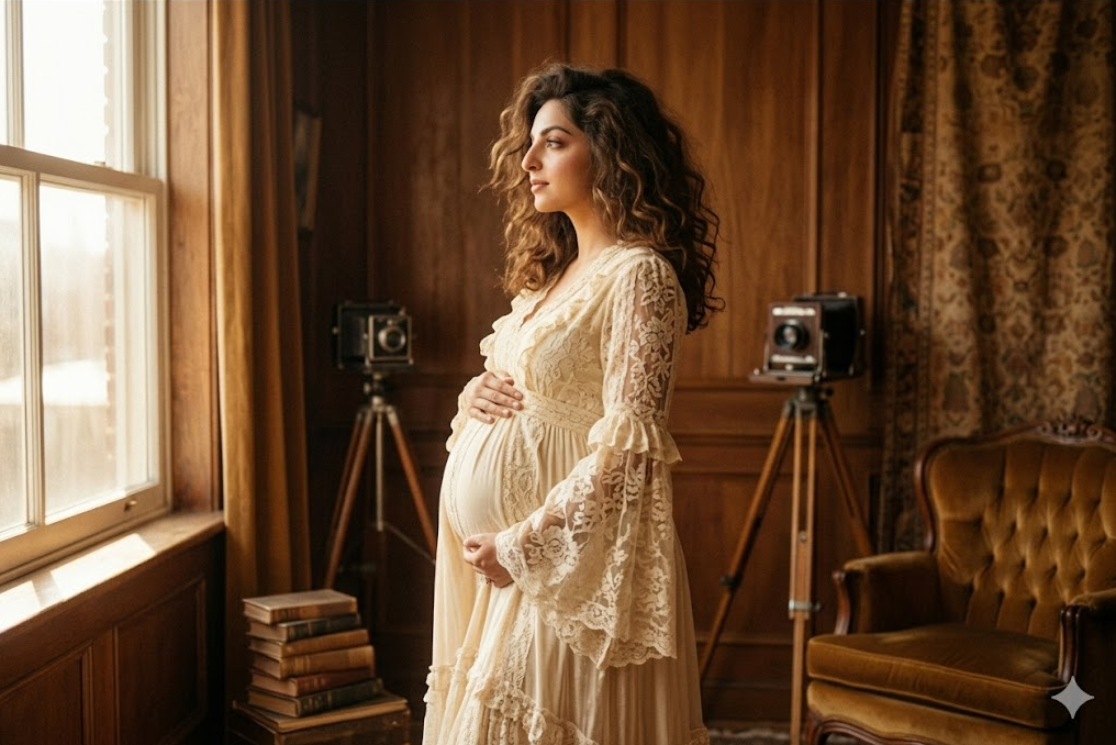 Vintage stüdyo ortamında hamile portresi