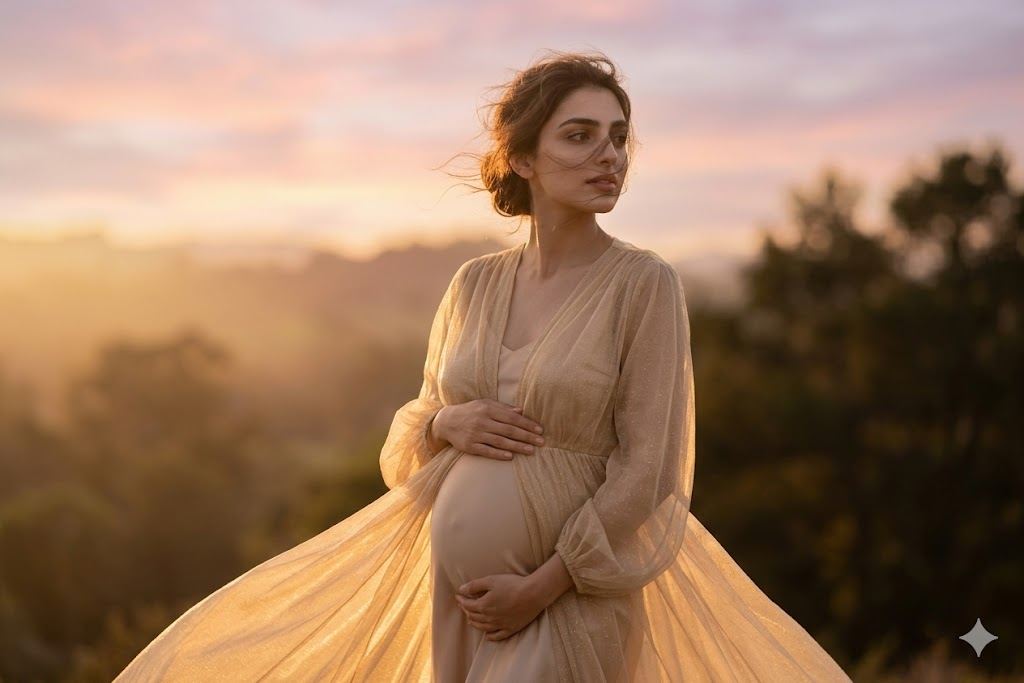 Gün batımında romantik hamile fotoğrafı