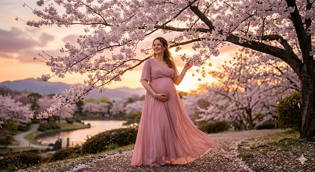 Kiraz çiçeği altında hamile kadın