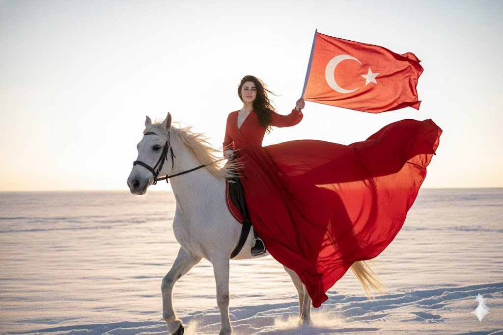 gemini ile türk bayrağı fotoğraf yapma promptları sinematik kış manzarası kırmızı elbiseli kadın