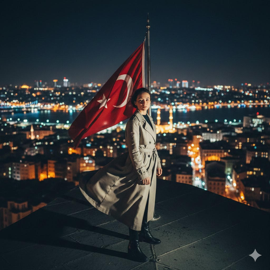 gemini ile türk bayrağı fotoğraf yapma promptları galata kulesi gece ışıkları genç bayrak