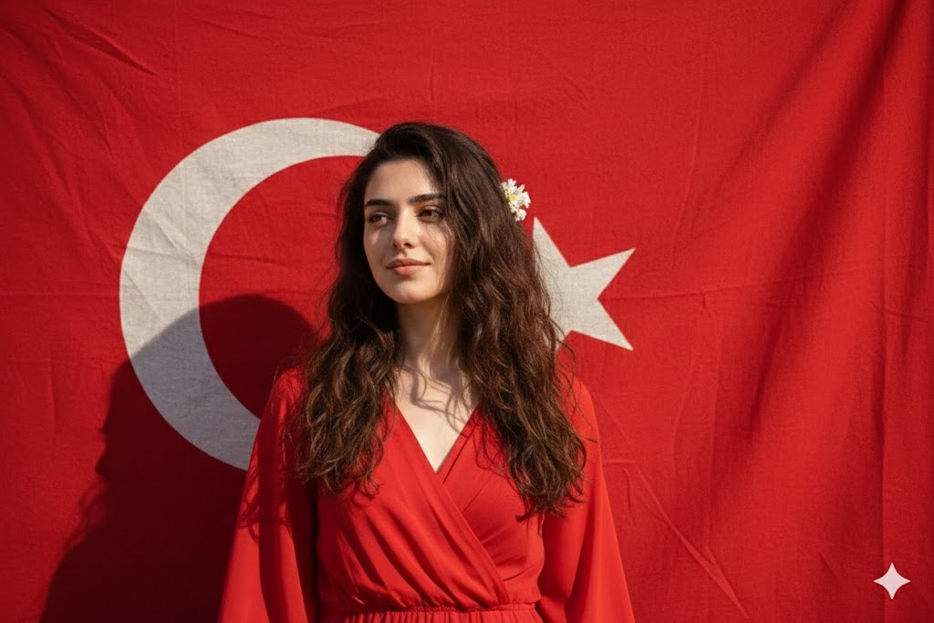 gemini ile türk bayrağı fotoğraf yapma promptları 4k portre kırmızı elbise sanatsal stil