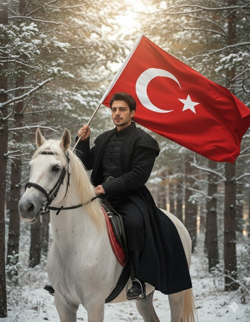 gemini ile türk bayrağı fotoğraf yapma promptları kış orman beyaz at genç erkek