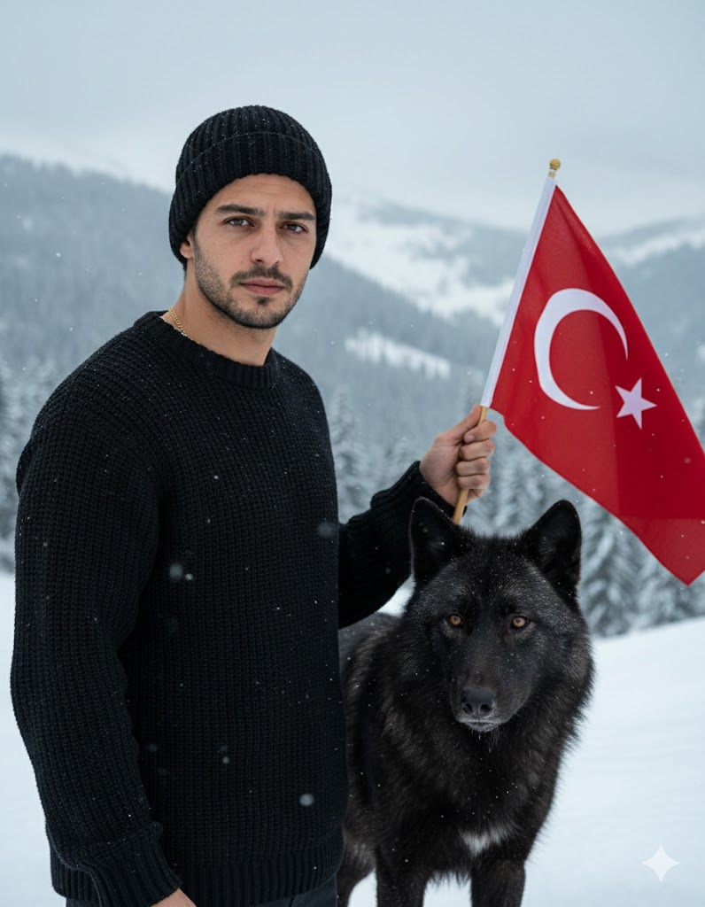 gemini ile türk bayrağı fotoğraf yapma promptları karlı dağ siyah kurt erkek