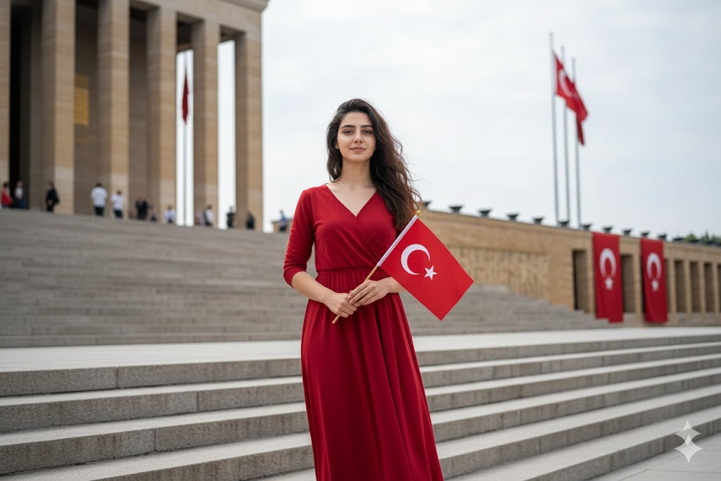 gemini ile türk bayrağı fotoğraf yapma promptları anıtkabir kırmızı elbise kadın