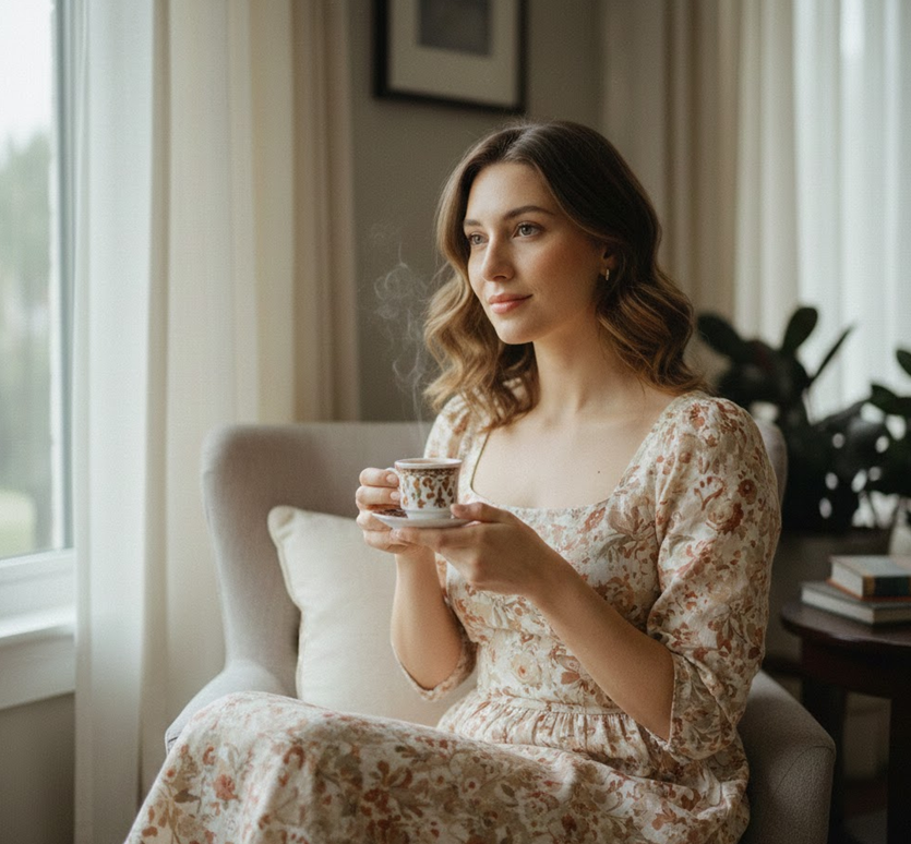 gemini kahve içerken resim yapma evde pencere ışığı portre