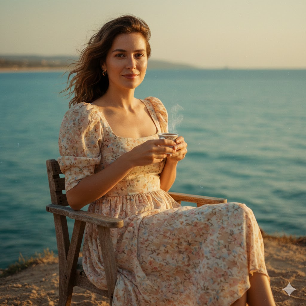 gemini kahve içerken resim yapma deniz kenarı sinematik sahne