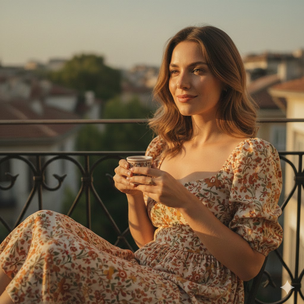 gemini kahve içerken resim yapma balkon gün batımı portresi