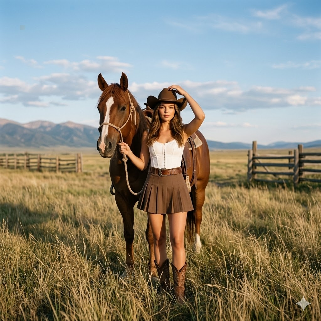 Golden hour'da atın yanında duran kadın