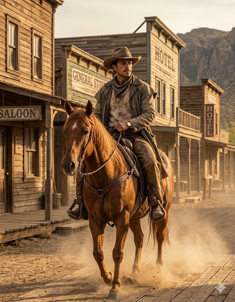 Ahşap kasaba sokağında tek başına yürüyen kovboy
